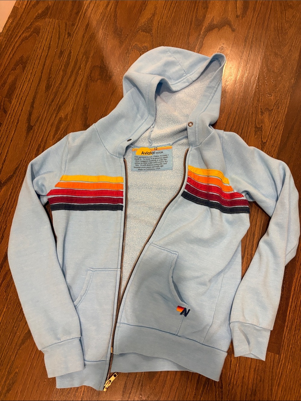 Aviator Nation Sky Blue Zip Hoodie with Retro Chest Stripes
